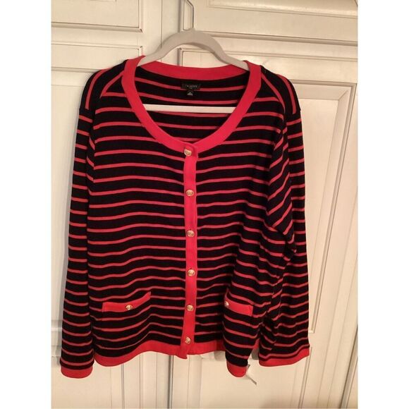 Talbots Plus Patch Pocket Cardigan Sz 3X Delfina Stripe Navy Red - Picture 2 of 9
